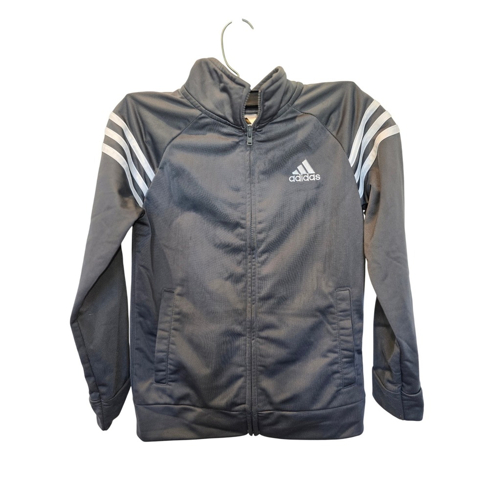 Adidas Boys Track Jacket Gray White Stripes Full Zip Mock Neck XS 7 Sporty Coat